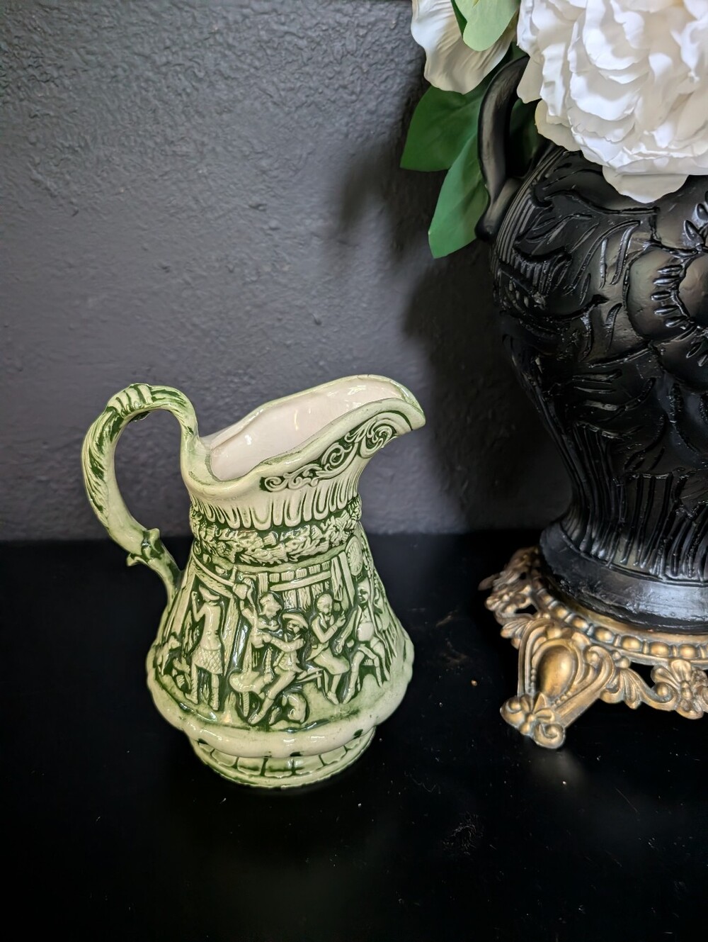 Vintage Handmade NCP 1972 Green Pottery Figural Majolica Pitcher Vase, 7"